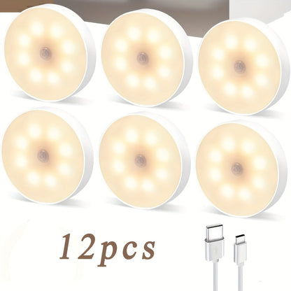 LED Motion Sensor Night Lights USB Rechargeable Wireless Dual Mode Adjustable Brightness Magnetic Mount – Under Cabinet Kitchen Hallway Stairs Closet 6 or 12 Pack