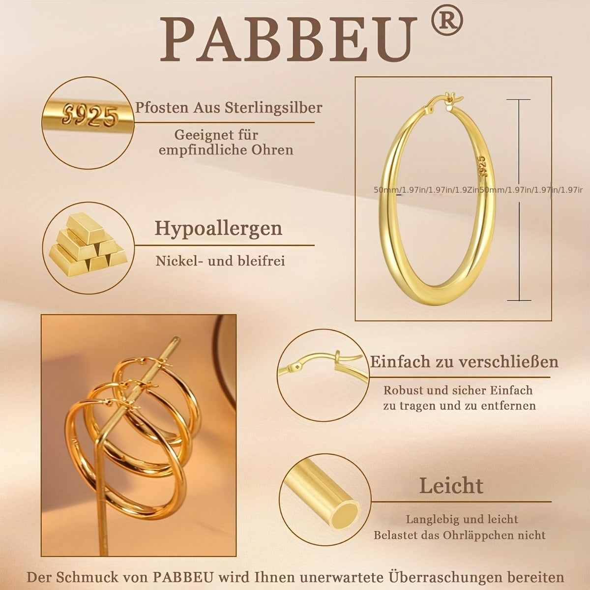 S925 Sterling Silver Large Hoop Earrings for Women – Hypoallergenic Lightweight Thick Hoops in Gold & Silver, Multiple Sizes 35mm 40mm 50mm 70mm, Elegant Everyday & Gift Jewelry