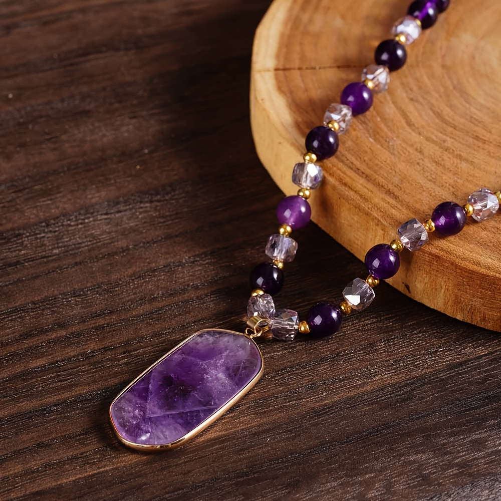 2-Pack Bohemian Natural Amethyst Double Layer Necklace Purple Stone Crystal Pendant Women Vintage Handcraft Mother's Day Birthday Gift