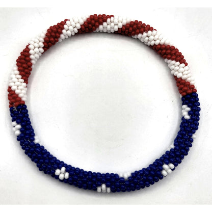 Set of 2 Handmade USA Flag Patriotic Glass Bead Bracelets – Boho Roll-On Crochet Bangles for Men & Women, Nepal Artisan Jewelry, Red White Blue Beaded Bracelet Set, 4th of July Gift