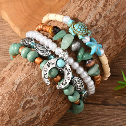 40pcs Boho Handmade Wooden & Turquoise Stone Bead Bracelet Set – Mixed Colors, Zinc Alloy Pendant, Vintage Style Stackable Bracelets for Women Men, Couple & Party Gift
