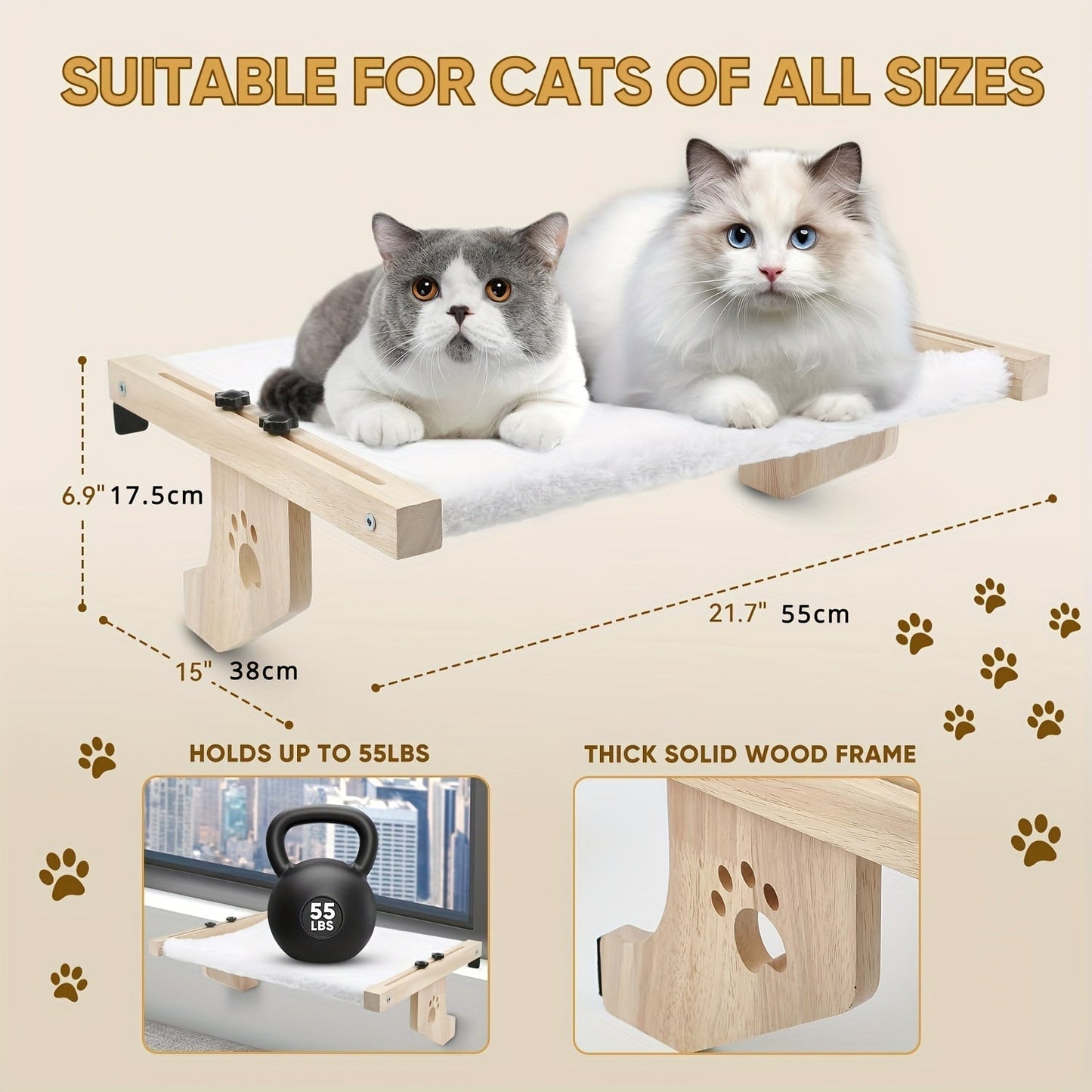 Cat Window Perch & Hammock for Indoor Cats – Sturdy Wood & Metal Frame, Easy-Adjust Mount for Windowsill, Bedside, Drawer & Cabinet, Supports Large Cats, Space-Saving Cat Shelf Bed