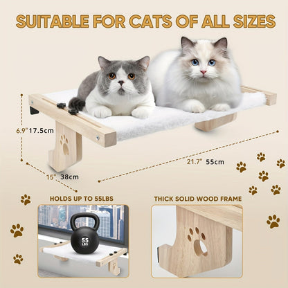 Cat Window Perch & Hammock for Indoor Cats – Sturdy Wood & Metal Frame, Easy-Adjust Mount for Windowsill, Bedside, Drawer & Cabinet, Supports Large Cats, Space-Saving Cat Shelf Bed