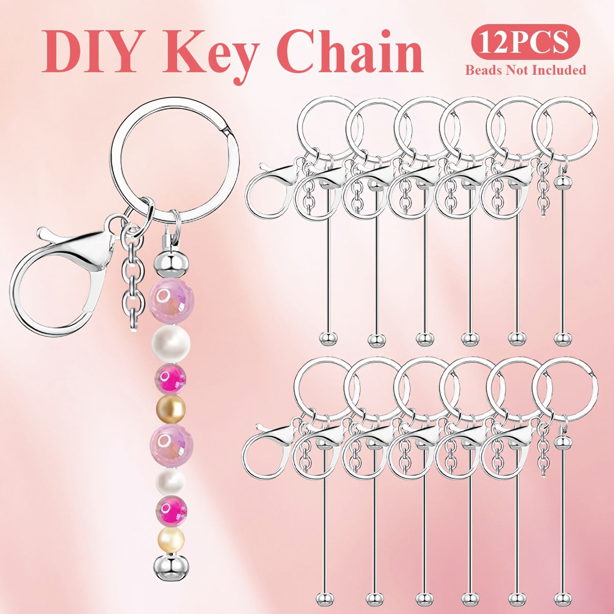 Stainless Steel Beadable Keychain Blanks DIY Kit – 12 & 24pcs Metal Keyring Pendants with Charms for Crafting, Christmas & Halloween Gifts, Gold, Silver & Rose Gold