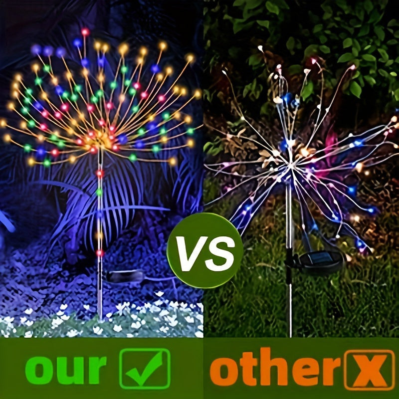 Solar Firework Lights Outdoor 2 Pack – 120 to 840 LED Waterproof Starburst Ground Stake Lights for Garden, Pathway, Lawn, Patio, Christmas, Halloween & Wedding Decoration, Warm White & Colorful