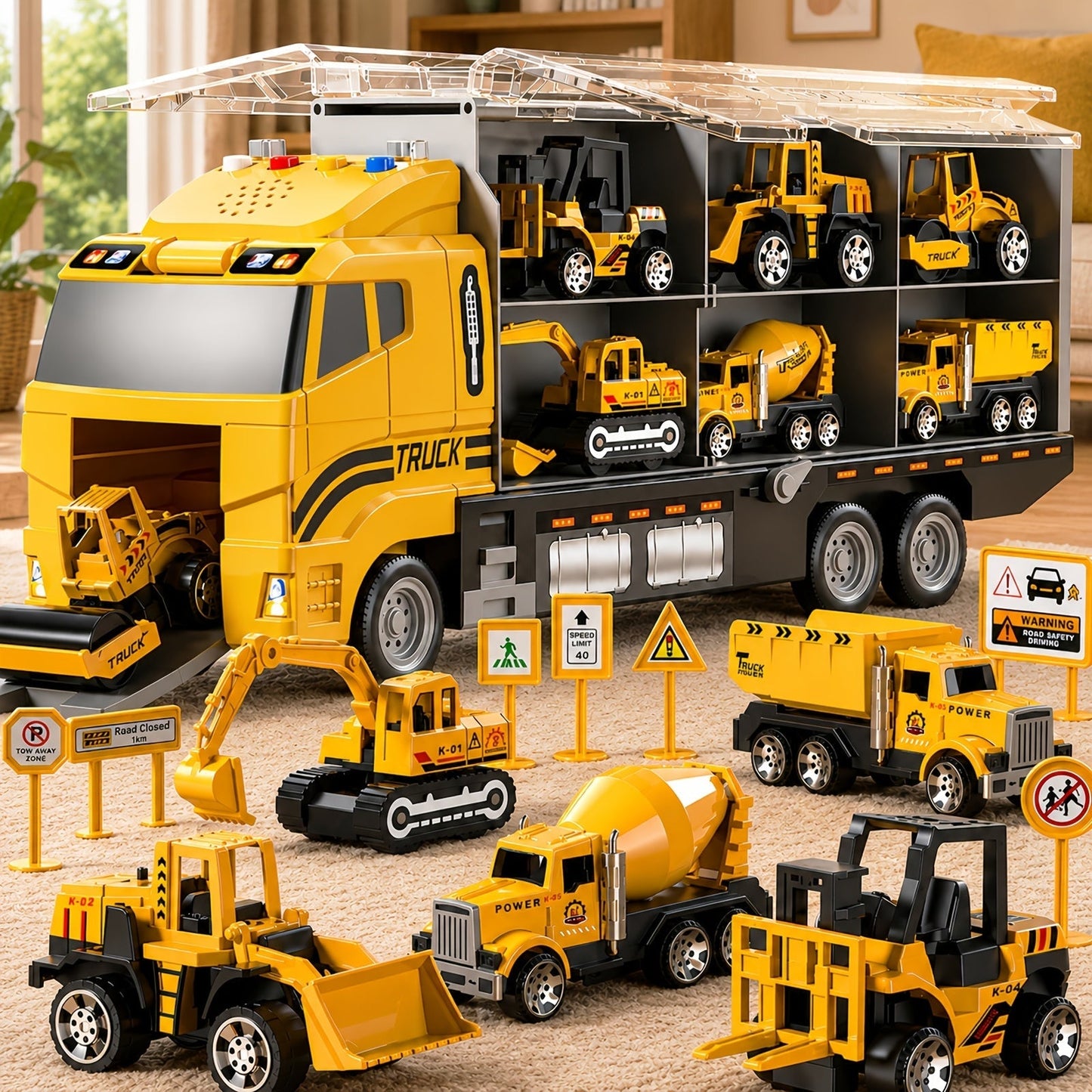 13-in-1 Construction Truck Toy Set with Die-Cast Cars, Play Mat & Transport Carrier – Kids Vehicle Playset for Ages 3+, Perfect Christmas & Birthday Gift