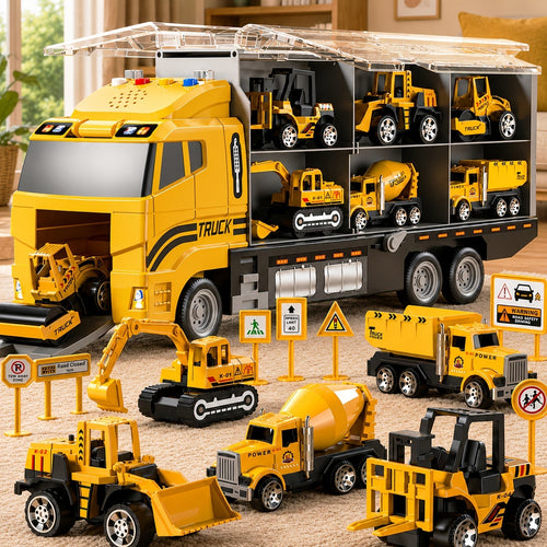 13-in-1 Construction Truck Toy Set with Die-Cast Cars, Play Mat & Transport Carrier – Kids Vehicle Playset for Ages 3+, Perfect Christmas & Birthday Gift