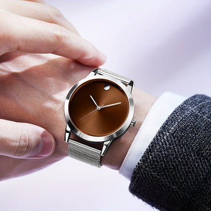 Men's Minimalist Stainless Steel Band Quartz Watch Slim Round Dial Casual Fashion Everyday Wear Gift for Him Silver Brown