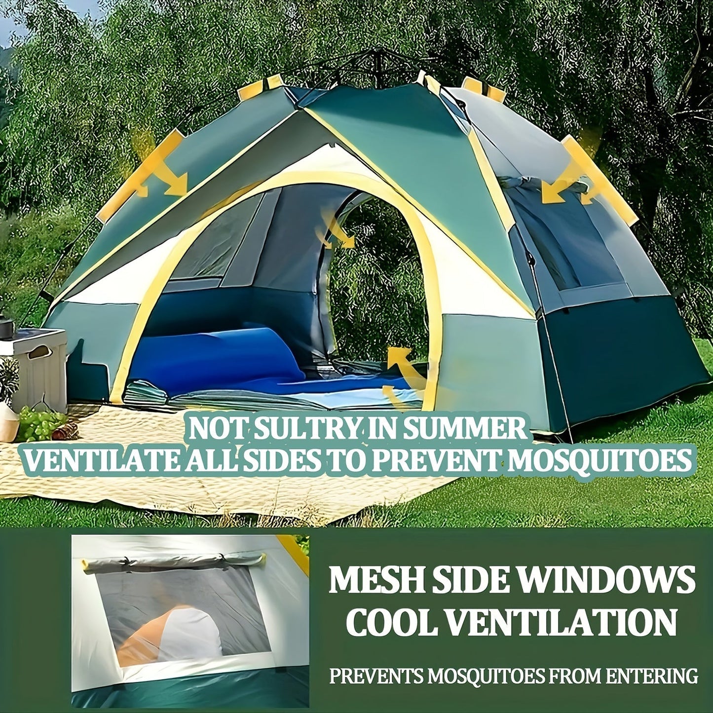 4-Person Pop-Up Camping Tent Instant Setup with UV Protection Insect Netting & Sunshade, Automatic Family Tent Dark Green for Beach Park Camping Hiking Outdoor Adventures, Sturdy Zipper & Support Pole