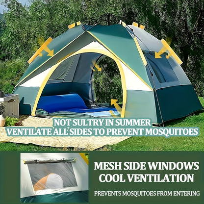 4-Person Pop-Up Camping Tent Instant Setup with UV Protection Insect Netting & Sunshade, Automatic Family Tent Dark Green for Beach Park Camping Hiking Outdoor Adventures, Sturdy Zipper & Support Pole