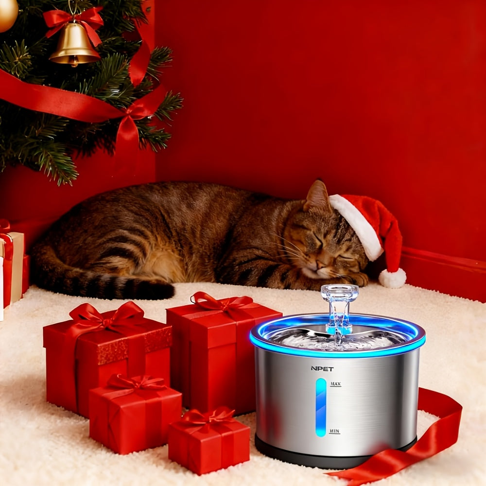 NPET WF210 Stainless Steel Cat Water Fountain 50oz – Ultra Quiet Automatic Pet Water Dispenser with LED Light, Visible Water Window & Dishwasher Safe 304 Steel, Optional Filter Bundles for Cats Dogs