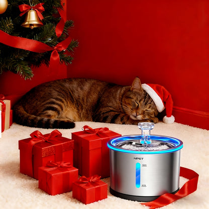 NPET WF210 Stainless Steel Cat Water Fountain 50oz – Ultra Quiet Automatic Pet Water Dispenser with LED Light, Visible Water Window & Dishwasher Safe 304 Steel, Optional Filter Bundles for Cats Dogs
