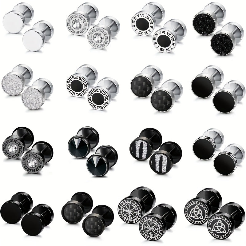 16-Pair Fake Gauge Stud Earrings for Men & Women – 316L Stainless Steel Faux Plug Screw Barbell Ear Studs, 8mm Black & Silver Assorted Styles, Hypoallergenic Earring Set Gift