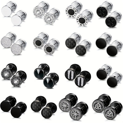 16-Pair Fake Gauge Stud Earrings for Men & Women – 316L Stainless Steel Faux Plug Screw Barbell Ear Studs, 8mm Black & Silver Assorted Styles, Hypoallergenic Earring Set Gift