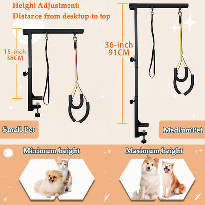 Dog Grooming Arm with Clamp 36 Inch – Adjustable Heavy-Duty Iron No-Sit Haunch Holder, 3-Section Design for Small & Medium Dogs and Cats, Includes Colorful Positioning Ropes, Professional Pet Grooming