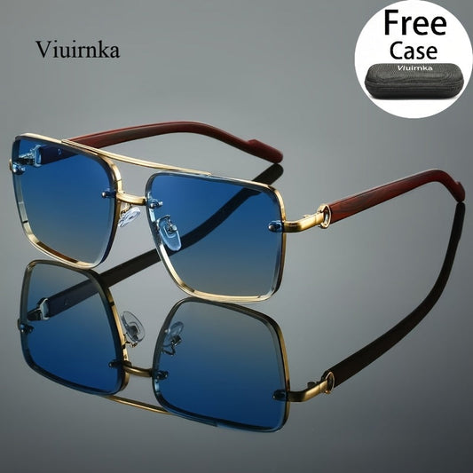 UV400 Square Sunglasses with Case for Men Women – Double Bridge Retro Wood Grain Frame, Polarized-Style Unisex Shades for Driving, Travel, Beach & Street Style, 7 Colors
