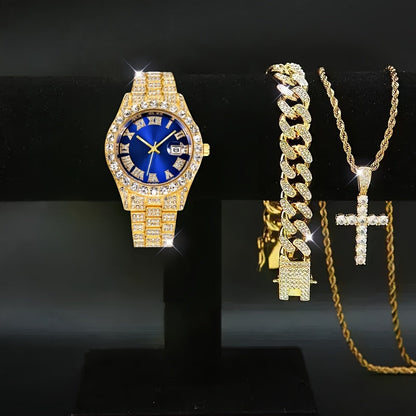 Men's Rhinestone Quartz Watch Necklace Bracelet Gift Set 3 or 4 Piece – Cross Necklace Jewelry Set for Men Football Fan Gear Birthday Holiday Gift Silver Gold