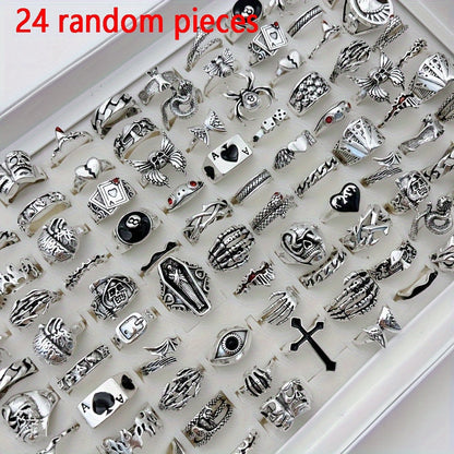 24pcs Retro Punk Ring Set for Women Men – Dark Style Spider Skull Cross Vintage Gothic Rings, Adjustable Stackable Jewelry for Daily Wear, Party, Halloween & Gift