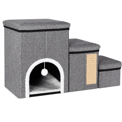Luxury Multi-Level Cat House Indoor Outdoor 2-Layer Bed Toy Tunnel Foldable Sofa Cat Scratching Board Climbing Rope Soft Cushion Cat Play Cube Weatherproof Nylon Frame Cat Arch Stairs