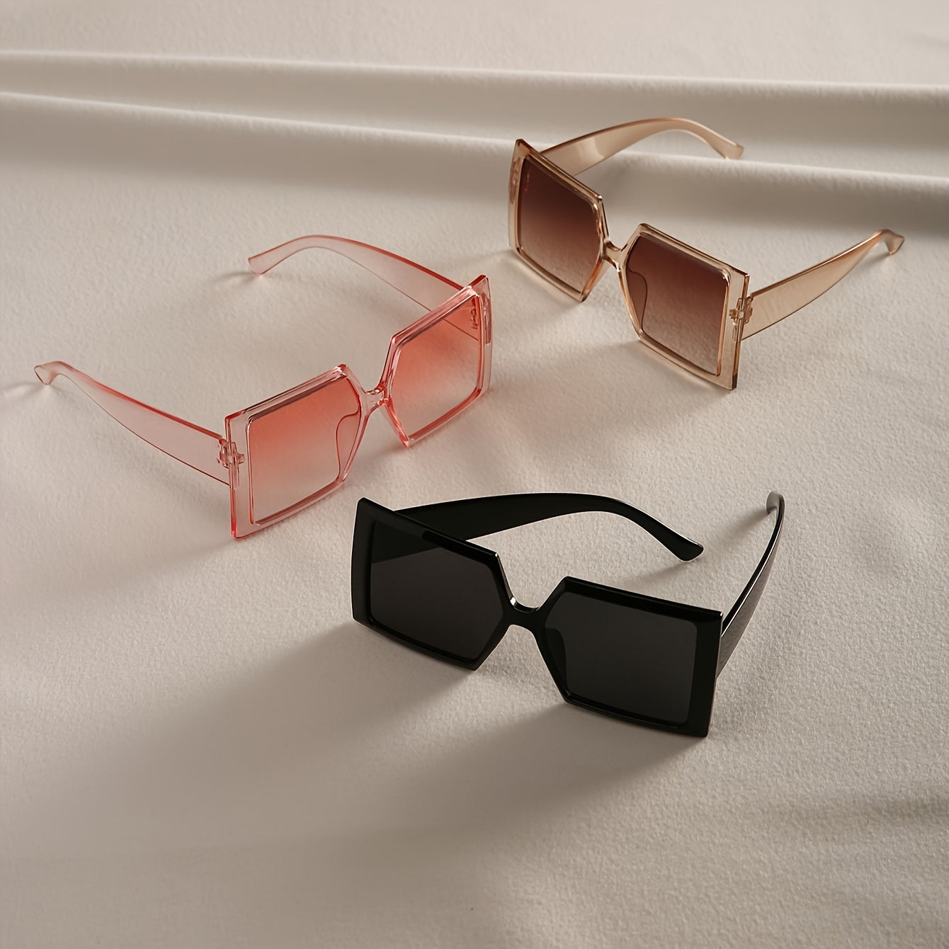 3-Pack Women's Oversized Flat Top Fashion Sunglasses Set - Large Square Frame Trendy Retro Eyewear in Pink Champagne Black for Beach Driving Travel & Everyday Style
