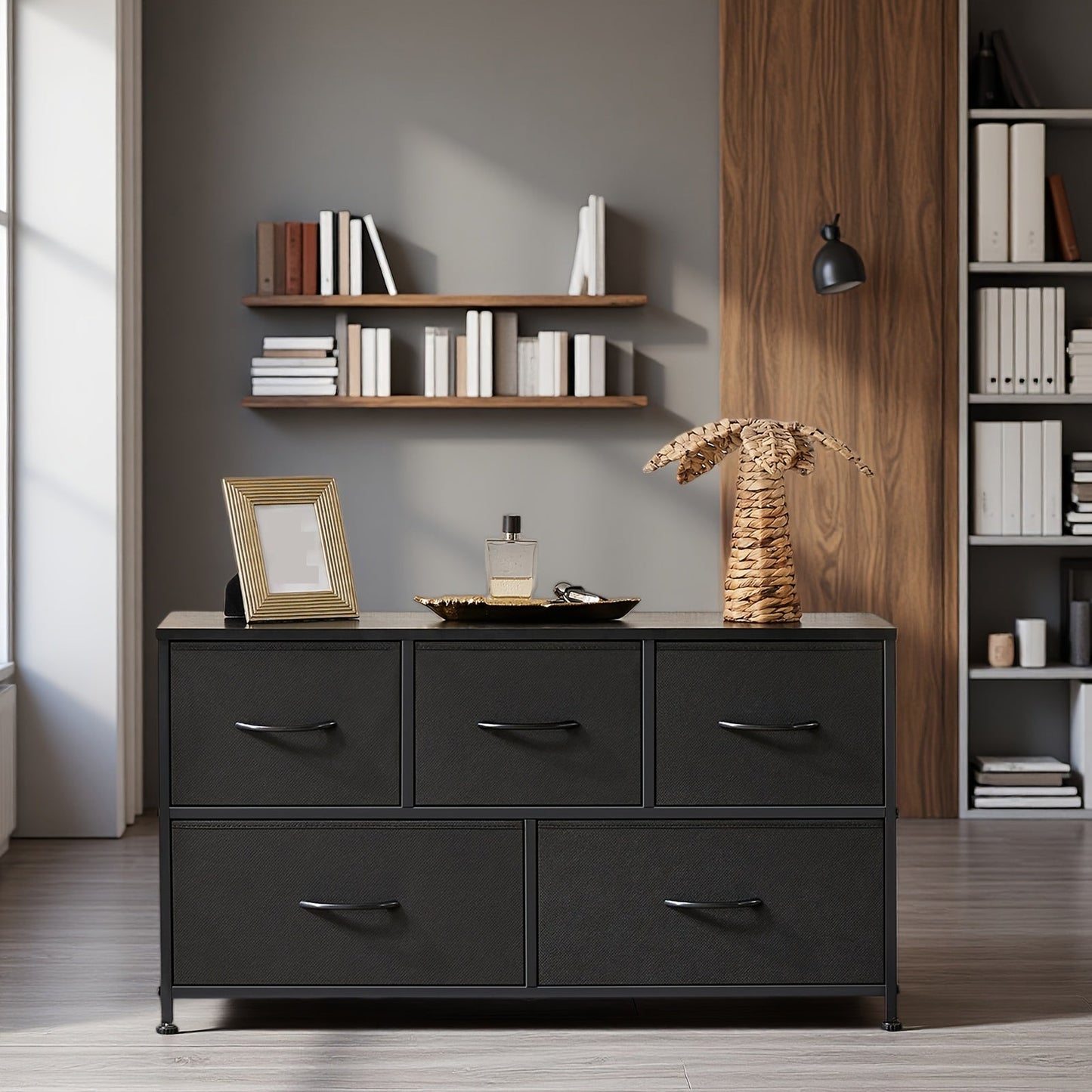 5-Drawer Lateral File Cabinet with Metal Frame & Wooden Top – Industrial Office Storage Organizer, 3 Upper + 2 Lower Drawers, Open Storage, Fits TV up to 45” – Black & Grey