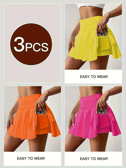 Women's Athletic Pleated Tennis Skort 3-Pack High Waist with Pockets Stretchy Polyester Yoga Skirt Machine Washable Side Tie Detail Comfort Fit for Tennis Yoga Gym Dance Sizes S-XXL