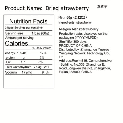 Dried Strawberries Snack 3 Bags Pack Low Sugar Natural Gluten-Free Vegan Fruit Snack Office Parties Holidays Gift