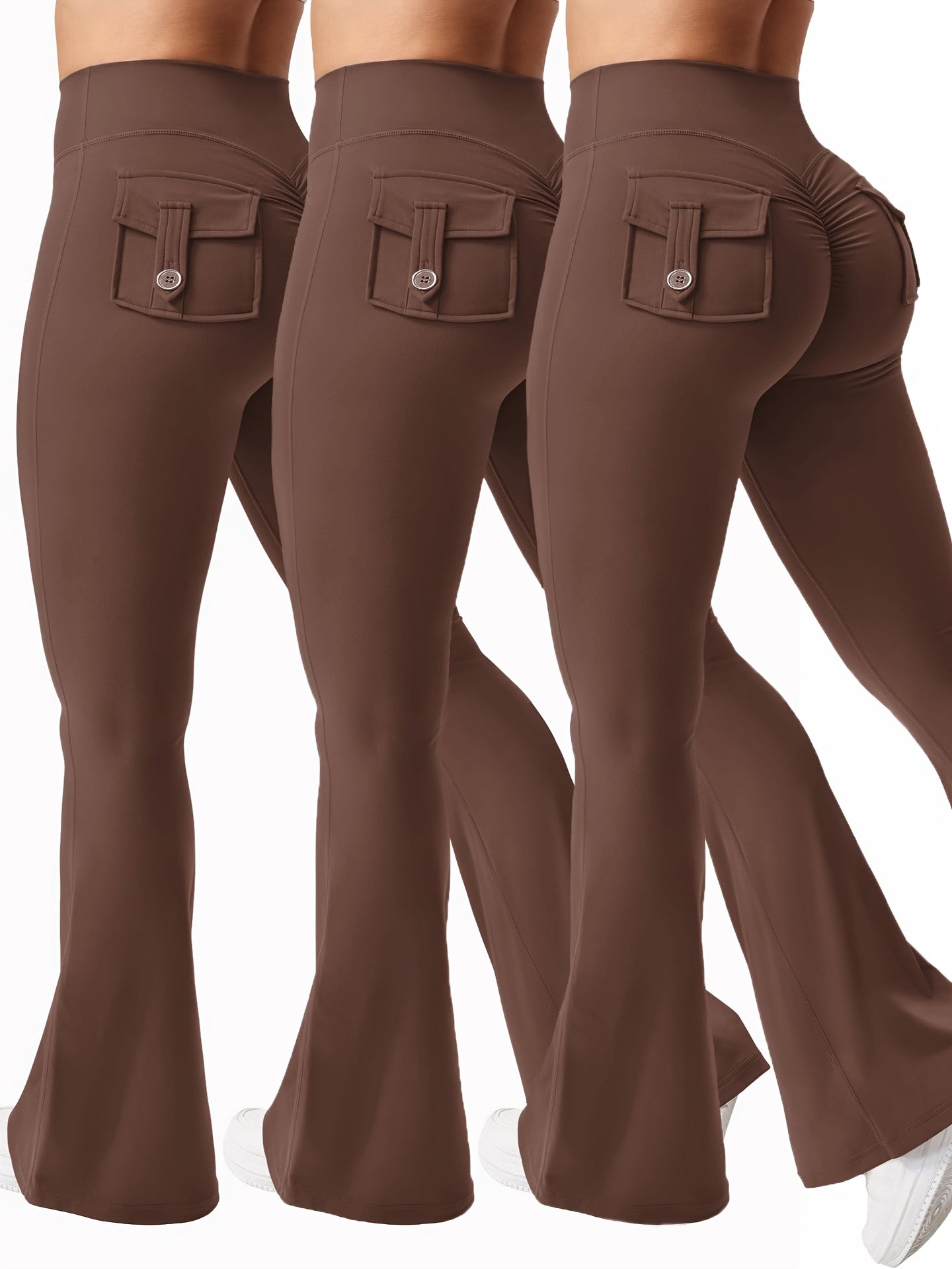 Women's 3-Piece High Waist Flare Yoga Pants Set with Belt and Pockets, Scrunch Butt Lifting Squat Proof 90% Polyester Stretchy Flared Leggings for Workout Gym Running Casual Wear
