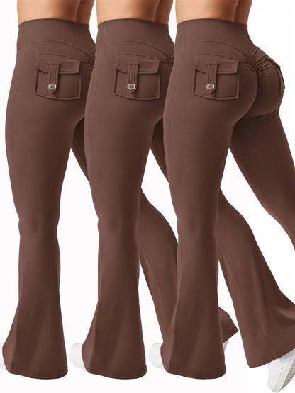 Women's 3-Piece High Waist Flare Yoga Pants Set with Belt and Pockets, Scrunch Butt Lifting Squat Proof 90% Polyester Stretchy Flared Leggings for Workout Gym Running Casual Wear