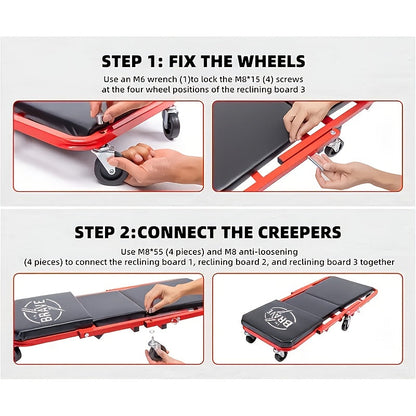 36 Inch Heavy Duty 3-in-1 Folding Mechanic Creeper with Adjustable Z-Seat - 6 Lockable Swivel Casters, 350-650 Lb Capacity, Vinyl Padded Seat & Headrest, Professional Automotive Repair Crawler