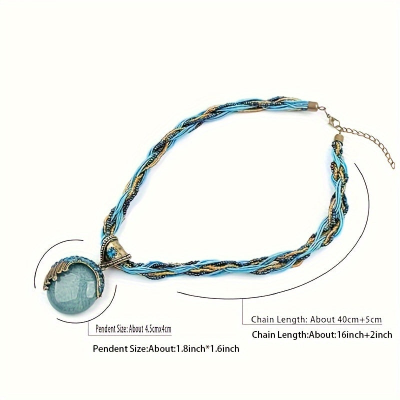Boho Turquoise Rhinestone Pendant Collar Necklace for Women Vintage Twist Woven Rope Chain Adjustable Statement Jewelry
