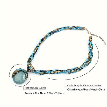 Boho Turquoise Rhinestone Pendant Collar Necklace for Women Vintage Twist Woven Rope Chain Adjustable Statement Jewelry