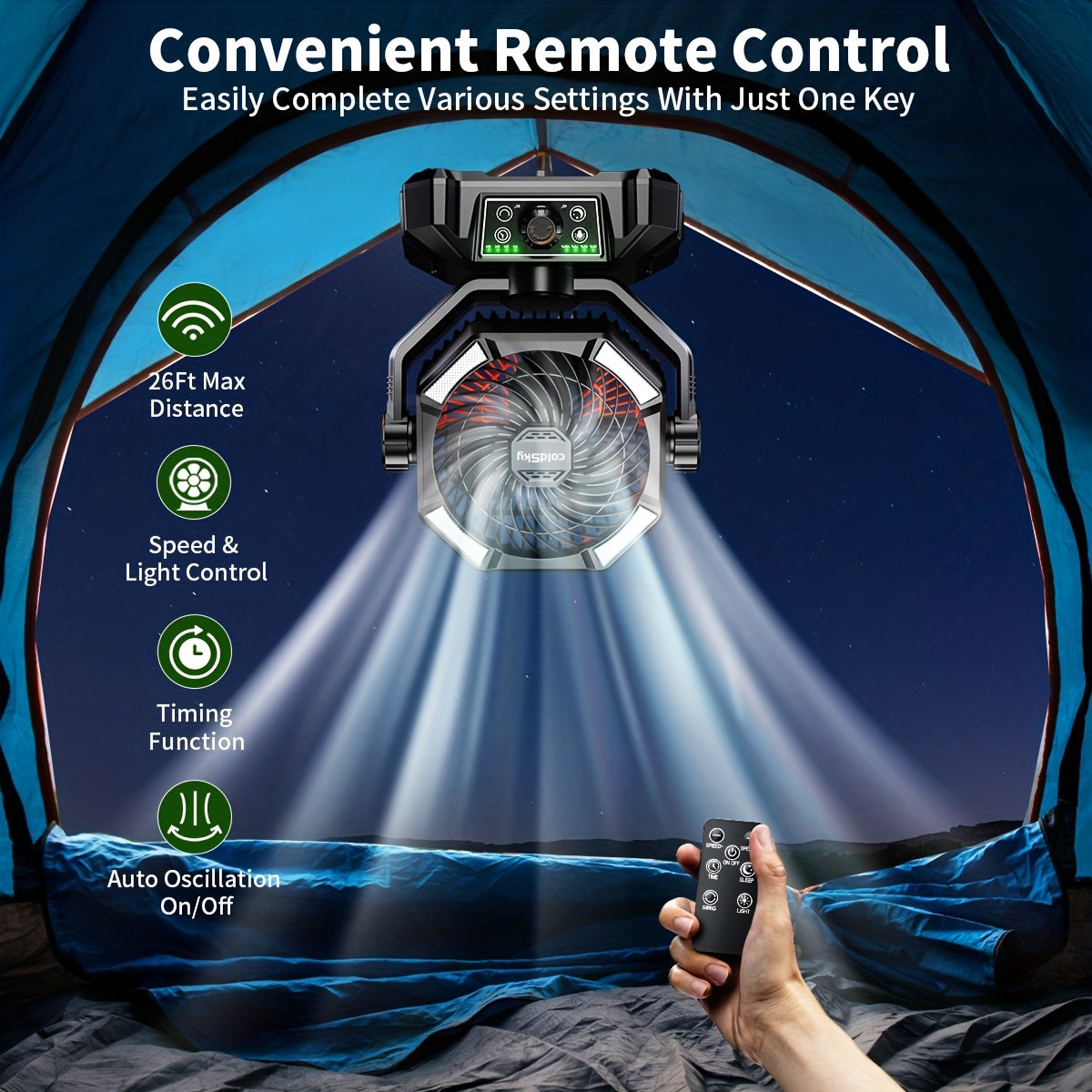Camping Fan with 20000mAh Battery 8-Speed Settings Enhanced Motor USB Rechargeable - Portable Tent Fan for Camping, Hiking, Outdoor Adventures & Emergency Use