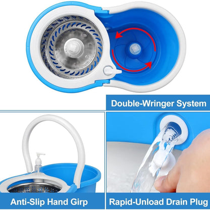 360° Spin Mop and Bucket Set with Wringer – Microfiber Mop Refills, Stainless Steel Extended Handle, Separate Compartment, Floor Cleaning System