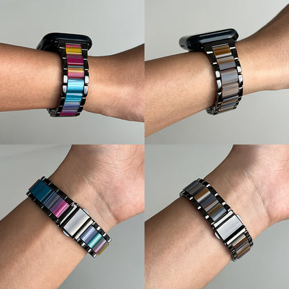 Apple Watch Band Women 42 44 45 46 49mm Stainless Steel Resin Starlight Rainbow Replacement Strap for iWatch Series 3-11 SE Ultra 1 2 3 – Work Office Fitness Party