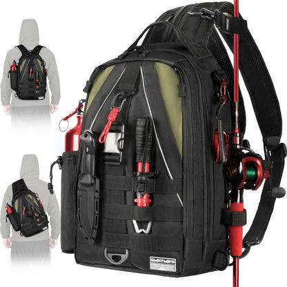 Fishing Backpack Tackle Sling Bag with Rod Holder – Waterproof Hiking Daypack Fly Fishing Bag for Men Women, Tackle Box Storage, Gift for Fisherman Dad