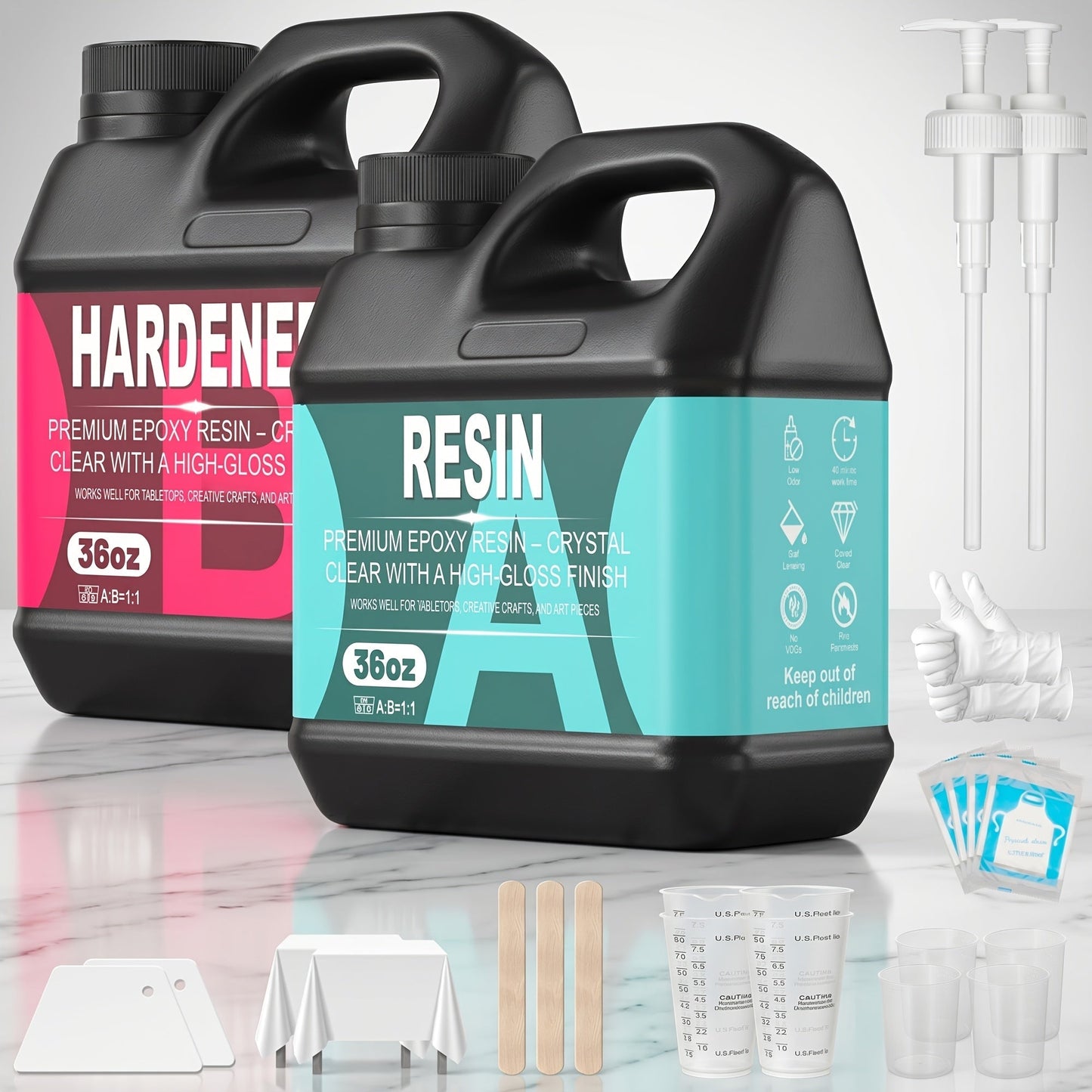 Epoxy Resin Kit Crystal Clear 2-Part Fast-Curing for Casting, Coating, Resin Art, Jewelry Making, Tabletops & Bar Counters – Available in 4oz, 72oz & 1 Gallon with Pump Kit & Glitter Accessories