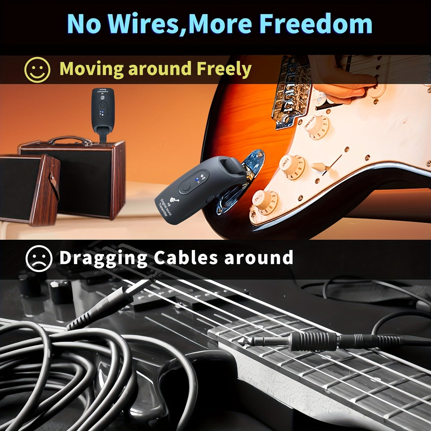 Wireless Guitar System 2.4GHz with 270° Rotatable Plug & Built-In Rechargeable Battery – Transmitter Receiver for Electric Guitar, Acoustic, Bass, Violin & Keyboard – Velora