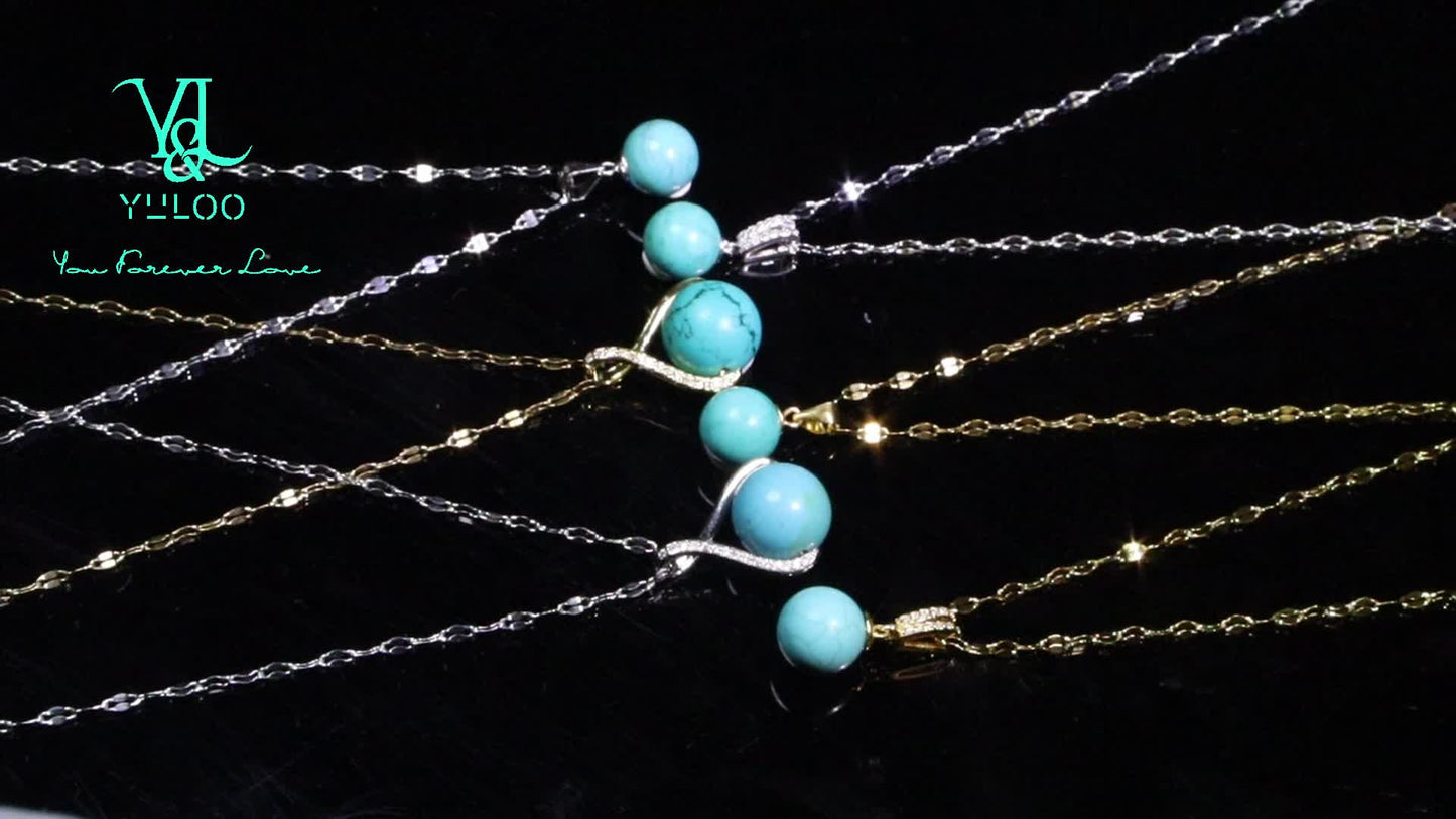 S925 Sterling Silver Natural Genuine Turquoise Pendant Necklace 18+2 Inch – Elegant Boho Gemstone Jewelry for Women with Bonus Earrings, Available in Silver & Gold, Perfect Gift for Her