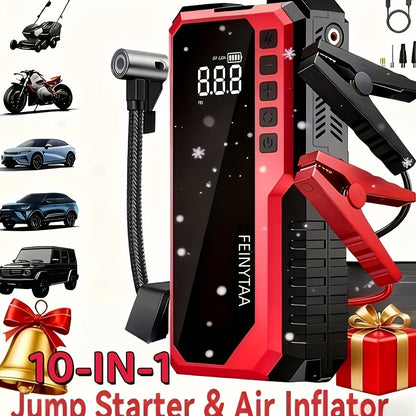 Jump Starter with Digital Tire Inflator 5000A/10000A Peak, Multi-Function Car Jump Box with Smart Battery Clamps LED Flashlight Power Bank, Emergency Kit for Car RV Motorcycle