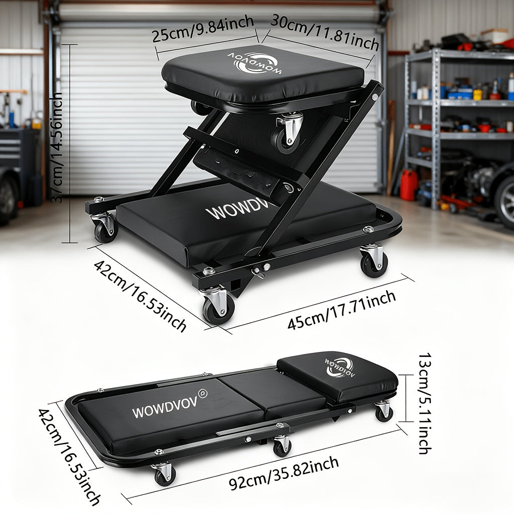 Mechanic Creeper Seat & Auto Repair Bench 3-in-1 – Foldable Z-Shaped Garage Stool with 500 Lb Capacity, 6 Wheel Rollers, Adjustable Lying, Sitting & Leaning Positions for Car Repair & Workshop