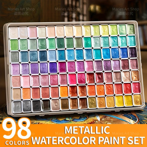 98-Color Metallic Shimmer Watercolor Paint Set Premium Pearl Pigments with Portable Case High Lightfastness for Canvas Illustration Scrapbooking Decoration Art Supplies for Artists Hobbyists
