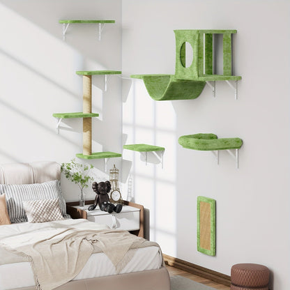 Wall Mounted Cat Climbing Shelf Set 7-Piece – Deluxe Indoor Cat Furniture with Condo, Shelves, Scratching Post, Bridge Ladder & Tunnel for All Cat Sizes