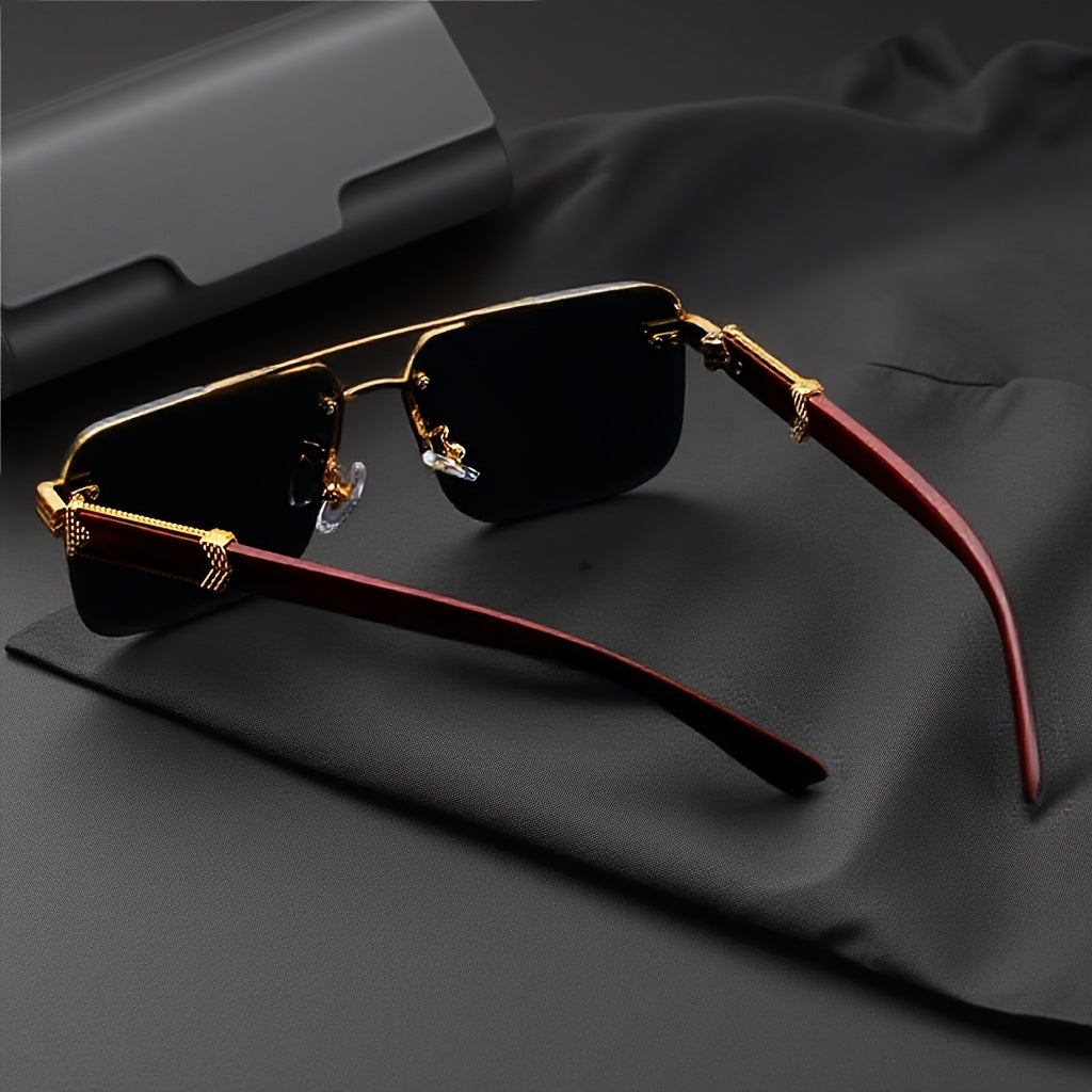 Men's Semi-Rimless Business Eyeglasses – Lightweight Metal Frame with Woodgrain Temple Tips, Non-Prescription Fashion Glasses for Office, Driving, Road Trips & Daily Wear
