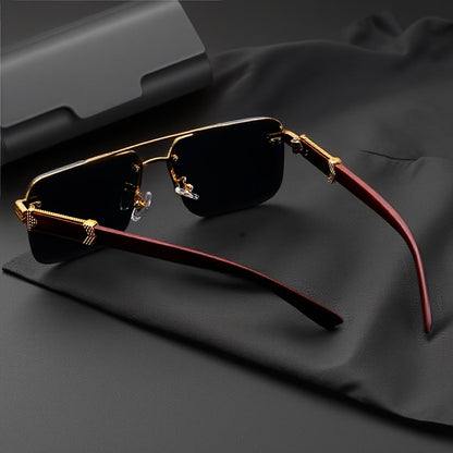 Men's Semi-Rimless Business Eyeglasses – Lightweight Metal Frame with Woodgrain Temple Tips, Non-Prescription Fashion Glasses for Office, Driving, Road Trips & Daily Wear