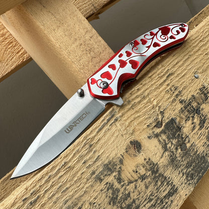 Folding Pocket Knife 7 Inch Hearts Engraved – 3Cr13 Steel Blade EDC Knife Aluminum Heart Handle Belt Clip Donut Accent, Stylish Everyday Carry for Camping Hiking Collecting Gift, Rosy Pink Red Lavender Blue Rose