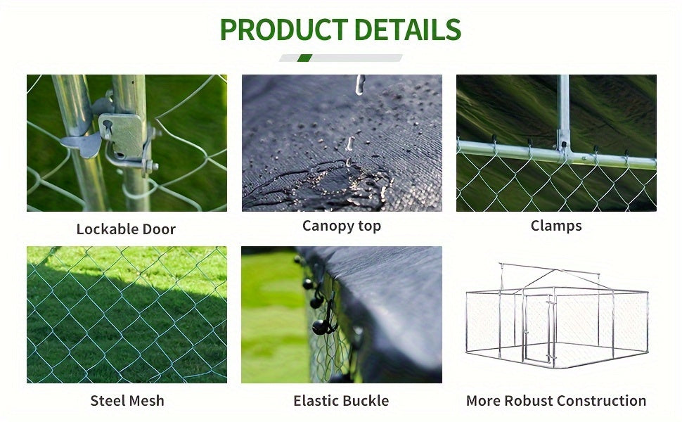 Heavy Duty Outdoor Dog Kennel Enclosure – Galvanized Steel Mesh Cage with Rain & UV-Proof Roof, Secure Lock, Ground Nails, 3 Sizes Available