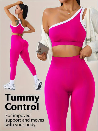 Women's 2-Piece High-Waisted Butt-Lifting Leggings & Sports Bra Set – 90% Polyamide Stretchy Minimalist Yoga Running Workout Outfit with Camisole Top, Solid Color, S-XL