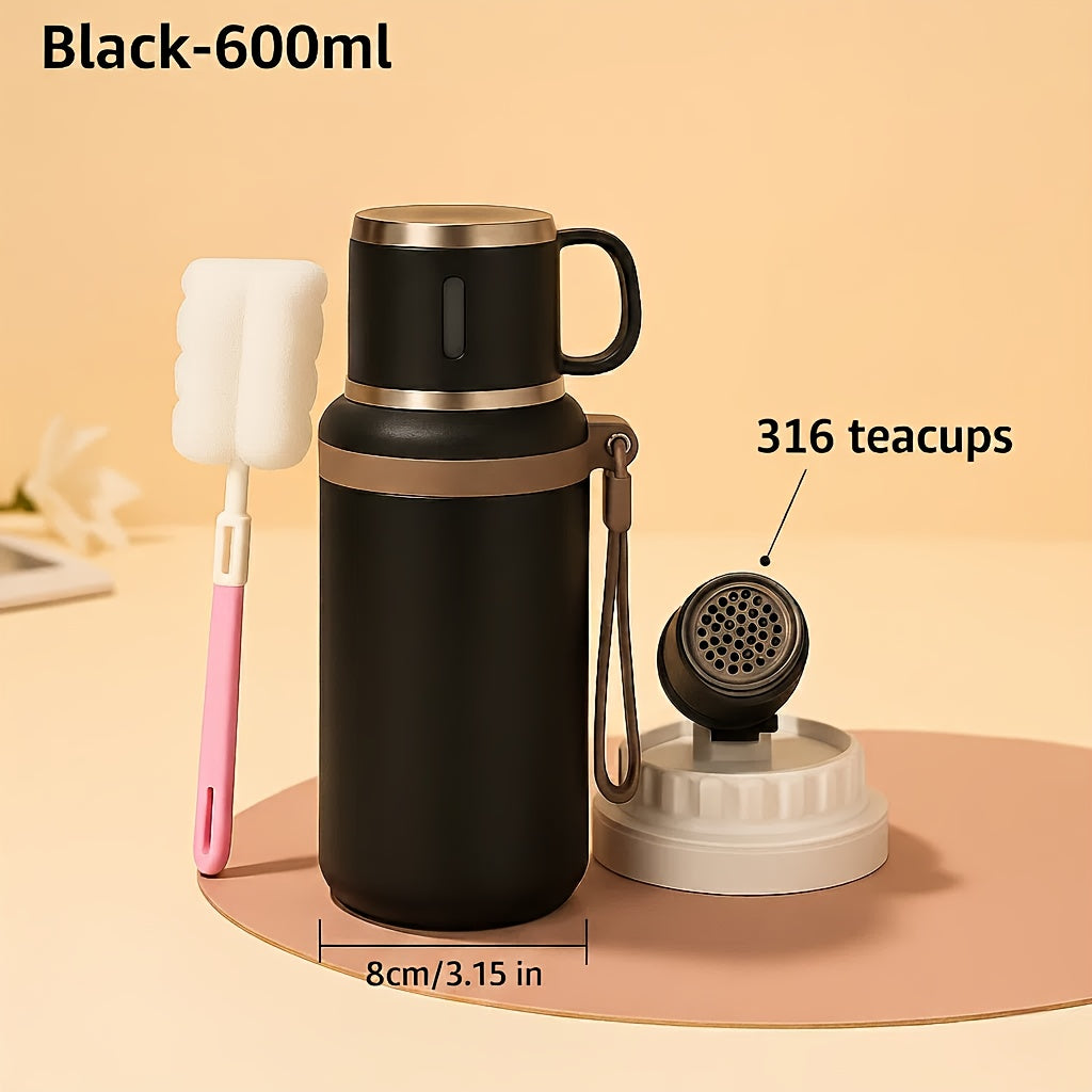 600ml Stainless Steel Tumbler Double Wall Vacuum Insulated Leak-Proof Lid with Handle Cleaning Brush Included Hot Cold Drinks Travel Office Gym Outdoor Water Bottle 20oz