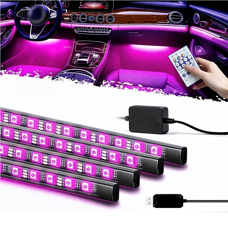 4pcs LED Car Interior Light Strip RGB Music Sync – 48 Color USB Remote Control Under Dash Ambient Lighting Kit for Car Truck SUV Van – Easy Install, No Battery Needed